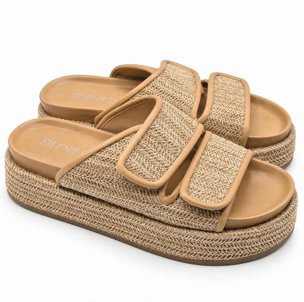 ANTHROPOLOGIE x SILENT D Tan Woven Double Strap Platform Slide Sandal Sz 38/US 7